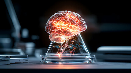 Poster - Glowing brain model within glass labware. Represents cognitive research or technological advances in neuroscience. Suitable for scientific presentations or medical illustrations.