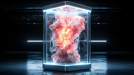 Poster - A glowing structure is encased in a futuristic container with an otherworldly appearance. Possible applications in scientific research or science fiction.