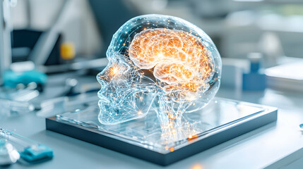 Poster - Image depicts a stylized glowing brain inside a transparent head. It is likely an illustration representing neuroscience research or artificial intelligence. Application: Educational materials or tech