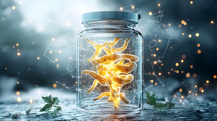Poster - image depicts a glowing bacteria-like substance inside a glass jar. suggests a science illustration 