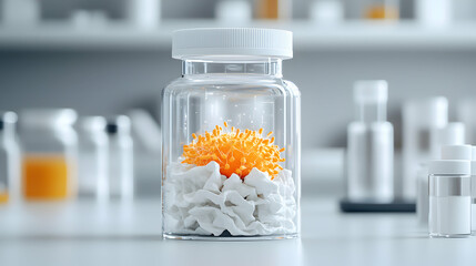 Poster - A glass jar holding an abstract orange structure. The image suggests a scientific or medical concept. Possible use for pharmaceutical promotions or research presentations.