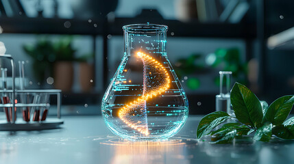 Poster - a futuristic laboratory scene showcases a glowing flask with a dna strand concept. suggests research