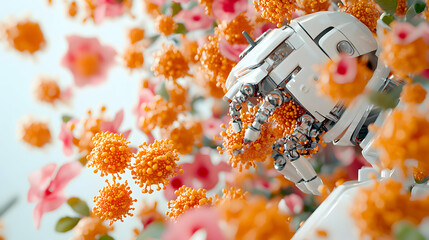 Poster - A futuristic robot arm surrounded by vibrant orange flowers evokes a sense of harmony. Could symbolize nature's beauty in a technological world. The image could be used for advertising.