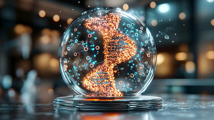 Poster - A futuristic digital rendering of a DNA helix enclosed within a glass sphere. Suggests advanced biotech research genetic engineering or scientific innovation.