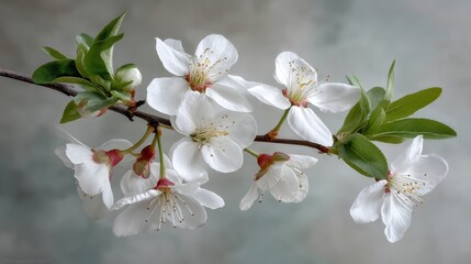 Poster - A close-up view of a floral sprig showcases soft white blossoms and green leaves, set against a serene, blurred background that emphasizes their delicate beauty