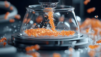 Poster - A close-up shot showcasing a scientific process. Orange spheres cascade from a device into a clear glass container suggesting advanced lab work. Suggests scientific discovery and particle manipulation