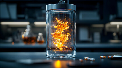 Poster - an illuminated experiment within a clear container. suggests energy creation or chemical reaction. g