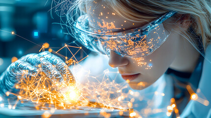 Poster - A scientist examines glowing circuitry. Suggesting advanced technology or scientific innovation. Perfect for tech articles or science fiction visuals.