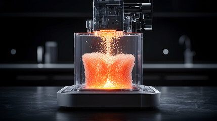 Poster - a futuristic 3d printer in operation. it appears to be creating a glowing shape. could be for protot