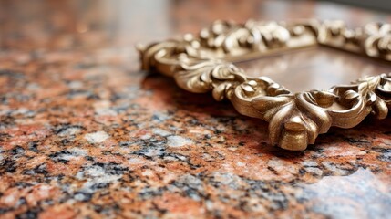 Leinwandbilder - Close-up of an intricate bronze frame resting on a smooth granite surface, enhanced by gentle side lighting creating a showcase for reflections and textures