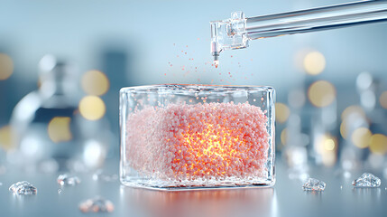 Poster - Scientific process of adding a substance to a container filled with tiny spheres. This image represents innovation and technological advancements. Used for medical or cosmetic concepts.