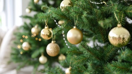 Poster - Lush green Christmas tree adorned with golden baubles and soft string lights, creating an elegant festive ambiance with soft focus on decorative details