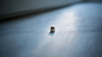 Poster - Close-up view of a small model house placed on a flat surface, illuminated by soft light from above, representing property ownership with clear copy space