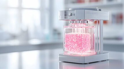 Poster - this is a futuristic scientific device glowing with pink light. it seems to be used for research pos