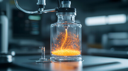 Poster - an abstract image of a laboratory setup featuring a glass container filled with glowing particles po