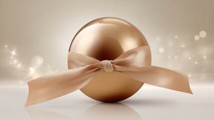 Poster - A detailed close-up of a golden ornament featuring a satin ribbon bow, set against a neutral gradient background with gentle light sparkles and subtle reflections