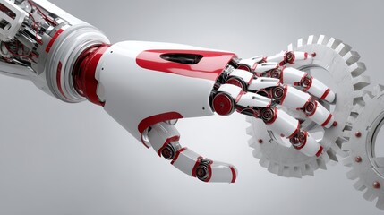 Poster - Close-up of a robotic claw aligning perfectly with a metallic cogwheel, highlighting the integration of technology and precision in a modern context