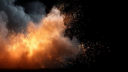Fototapete - A burst of fiery sparks and thick smoke clouds erupts against a dark background, offering a striking visual ideal for action-packed designs with ample copy space