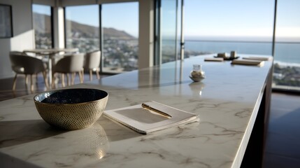 Leinwandbilder - A tidy arrangement of open notebooks and a classy pen rests on a sleek marble tabletop, with a blurred coastal horizon enhancing the atmosphere of productivity