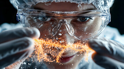 Poster - Scientist studies glowing particles. A cool image suggests scientific discovery with an interesting effect. It can be used in educational or technological contexts.