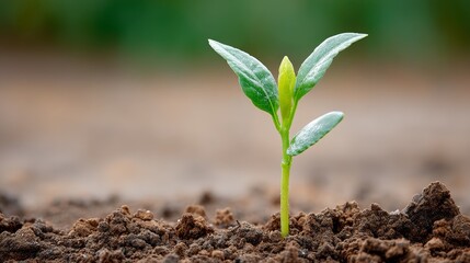 Poster - A close-up captures a gentle green sprout emerging from rich soil, emphasizing growth and sustainability in a natural environment, with copy space on the right
