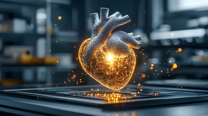 Poster - A futuristic depiction of a heart glowing with energy. This image is perfect for medical technology or scientific presentations. It represents innovation and health.