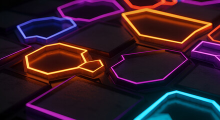 Leinwandbilder - Glowing Polygon Array Pattern With Dynamic Neon Colors On Dark Background
