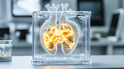 Poster - a heart model glows inside a transparent case. this futuristic image suggests advancements in medica