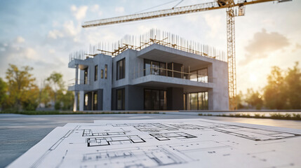 Modern house under construction with visible layout plans and crane in background