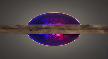 Leinwandbilder - Abstract Composition Of Vibrant Illuminated Circle Behind Rustic Wooden Plank