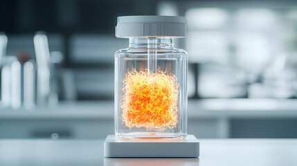 Poster - A glowing substance contained in a glass jar on a lab bench. Suggests energy research or a scientific experiment. Could be for visualizing a reaction or process.