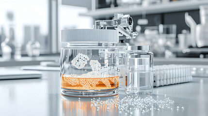 Poster - a laboratory setting shows scientific equipment glassware and experimental samples. the image depict