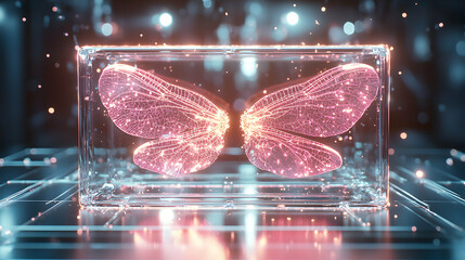 Poster - A futuristic image showcases glowing dragonfly wings encased in a glass cube. Suggests scientific innovation or technological advancement. Good for sci-fi or abstract art.