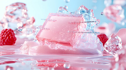 Poster - Abstract digital art features a pink object and raspberries. The art could be used for skincare product promotion advertising or social media. It is visually appealing.