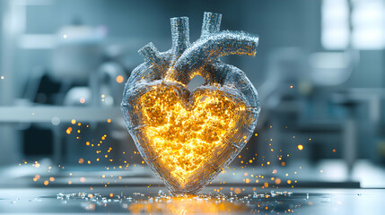 Poster - A digital rendering of a glowing heart. The metal structure encases a fiery core representing vitality or scientific discovery. Could be used in medical presentations.