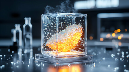 Poster - Abstract artwork featuring a glowing object encased in glass. It evokes scientific processes or energy. Use this for futuristic designs and digital art projects.