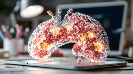 Poster - a 3d rendered image of lungs with a wireframe overlay on a laptop depicting medical visualization. i
