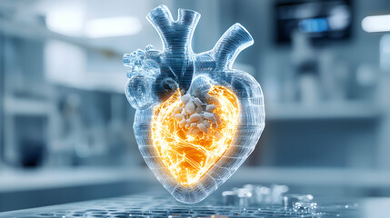 Poster - A digital illustration of a heart shows a vibrant glowing interior with a web-like appearance. It suggests a medical or scientific concept likely related to cardiac health or disease.