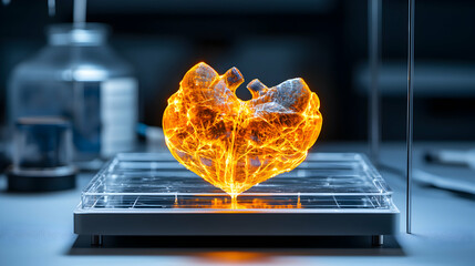 Poster - a glowing heart model appears on a platform. the image suggests medical advancements and potential f