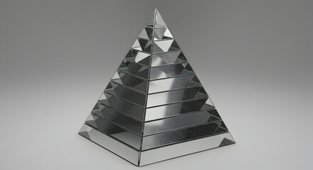 Leinwandbilder - Reflective Pyramid Structure Displaying a Patterned Stepped Layered Design on Gray Backdrop