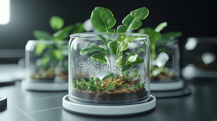 Poster - A futuristic terrarium showcasing plant growth and data representation symbolizing ecological and technological fusion. It can be used to display smart farming concepts.