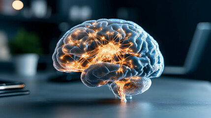 Poster - A brain model illuminated with glowing pathways symbolizes thought and neural connections. Suggests innovative applications in neuroscience data visualization and AI education.