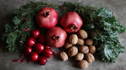 Aufkleber - Colorful arrangement of pomegranates, kale, radishes, and nuts on a rough concrete surface offers a fresh and vibrant display for healthy eating ideas