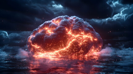 Poster - A glowing brain in a dark sky.  Suggests intense mental activity. Use for scientific themes creative projects fantasy. Focus is the mind.