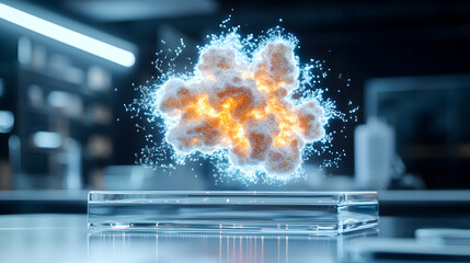 Poster - A digital artwork showcasing a molecular structure suspended above a glass container in a laboratory. Science research drug discovery and technological advancement.