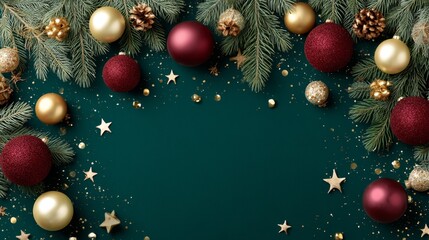Aufkleber - A cheerful arrangement features fir branches, red and gold baubles, glittering confetti, and stars, providing a perfect backdrop for holiday greeting cards