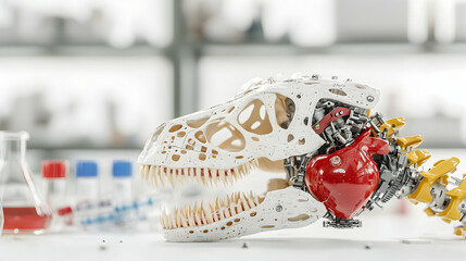 Poster - A robotic dinosaur skull with a red heart and mechanical components in a laboratory. Suggests a fusion of biology and technology possibly for research or art.