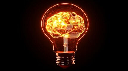 Poster - Brilliant Illuminated Brain Inside Lightbulb Innovative Idea Concept Futuristic Technology Digital Art Glowing Orange Neural Network Abstract         