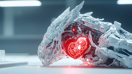 Poster - a futuristic robotic heart glowing red amid mechanical components. suggests artificial intelligence 