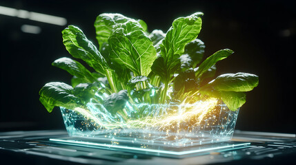 Poster - Futuristic plant growth concept. Visualize tech integrated agriculture. Perfect for biotech research or sustainable farming presentations. Shows plant vitality with energy.